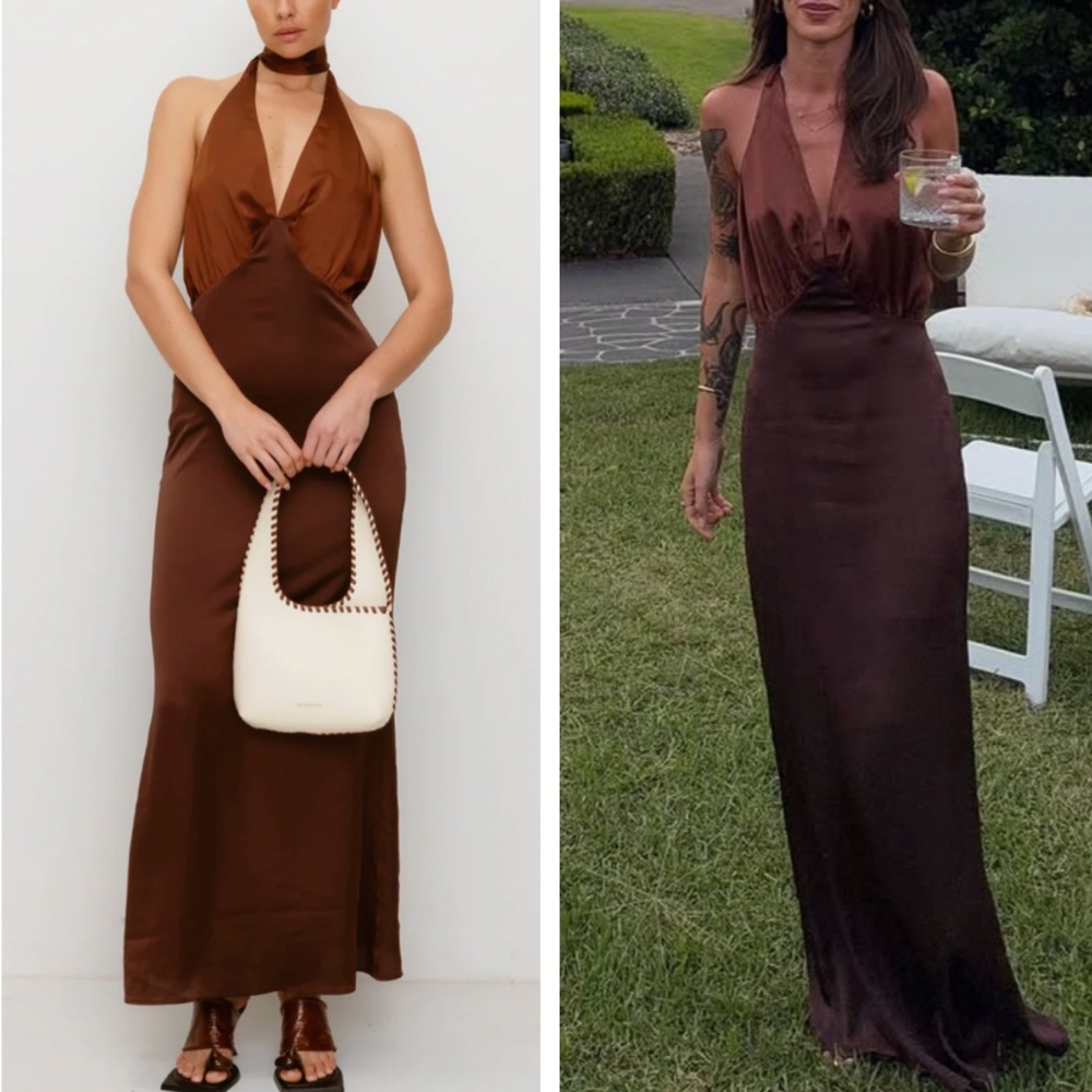 ✨ SALE✨ The Wolf Gang Oahu Slip Maxi Halter Dress Chocolate Brown Satin Vacation